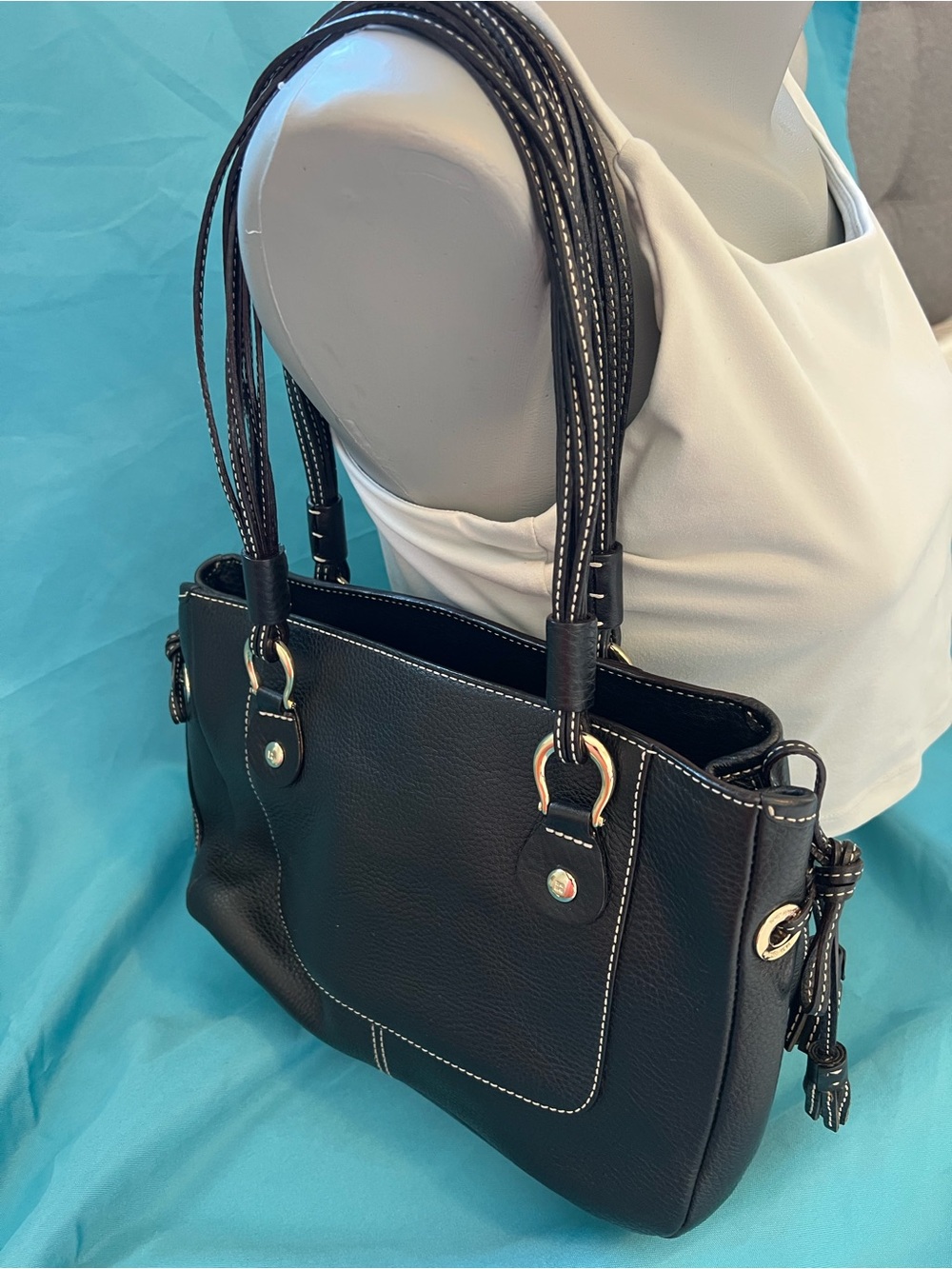 kate spade Black Leather Double-Handle Shoulder Bag with White Stitching